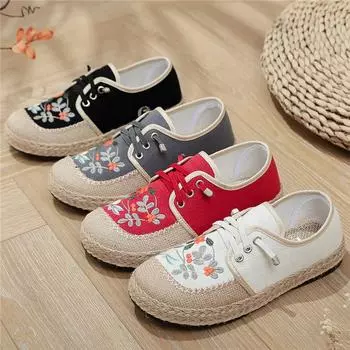 Весенние и осенние женские туфли на плоской подошве с вышивкой в стиле ретро со шнуровкой и круглым носком, удобные женские туфли ручной работы из хлопка и льна 41 чёрный