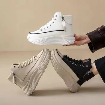 Весенние и осенние женские туфли с круглым носком, высокие толстые подошвы, повседневные туфли для сноубординга, женские спортивные кроссовки 35 чёрный