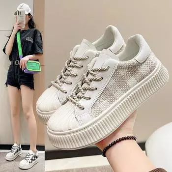 Весенние и осенние женские туфли с плоским дном и круглым носком, повседневные туфли из толстой подошвы, простые женские парусиновые туфли 35 покинуть белый