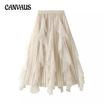 Весенние и осенние женские юбки с высокой талией, сетчатая юбка с рюшами до середины тела, женская большая плиссированная юбка средней длины One Size серый