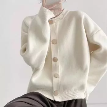 Весенние и зимние женские кардиганы свитера с круглым вырезом вязаные свободные кардиганы однотонные однобортные женские свитера One Size светло-желтого