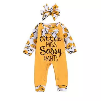 Весенние комбинезоны для маленьких девочек и мальчиков, модный комбинезон с длинными рукавами и алфавитным принтом + комплект с повязкой на голову, От 0 до 3 лет 90