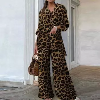 Весенние комплекты из 2 предметов: женская рубашка с леопардовым принтом и длинные брюки с широкими штанинами