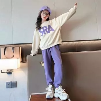 Весенние костюмы для девочек, молодежные, для девочек-подростков, корейский стиль, свободный, модный, повседневный свитер, комплект из двух предметов, одежда для девочек 10, 12, 14 лет 120 фиолетовый