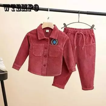 Весенние костюмы для мальчиков и девочек, маленькие и средние дети, весна и осень, От 0 до 6 лет, детская вельветовая однотонная куртка, брюки, комплект из двух предметов 120