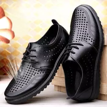 Весенние кожаные туфли для папы из мягкой кожи, летние мужские туфли среднего и пожилого возраста с дышащими вставками и отверстиями для ног Size 39