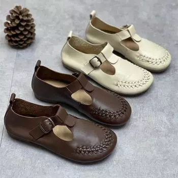 Весенние кожаные туфли ручной работы, мягкая подошва, неглубокий носок, женские туфли 35 бежевый