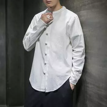 Весенние льняные рубашки мужские в китайском стиле с длинным рукавом в стиле ретро рубашка на пуговицах сплошной цвет с воротником-стойкой свободные топы больших размеров 5XL белый