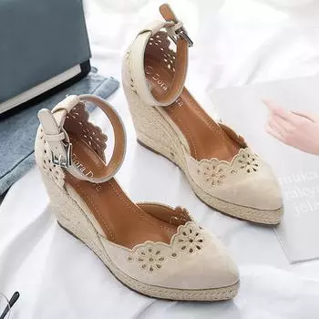 Весенние летние туфли женские на высоком каблуке ретро брендовые женские туфли на танкетке элегантные женские туфли для вечеринок на танкетке 10 см черные A3541 4 бежевый