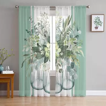 Весенние листья эвкалипта полосатый шалфей зеленый тюль окна занавески для гостиной спальни отель роскошные украшения прозрачные занавески 135W x 114H(cm)
