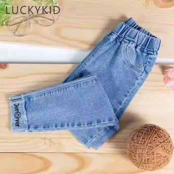 Весенние модные детские джинсы для девочек, узкие джинсы для малышей, высокое качество, джинсы с эластичной резинкой на талии и принтом для подростков, узкие брюки-карандаш 110
