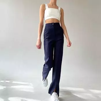 Весенние модные однотонные прямые брюки с высокой талией для женщин, офисные женские темно-синие брюки с разрезом, повседневные облегающие брюки 25963 S орион