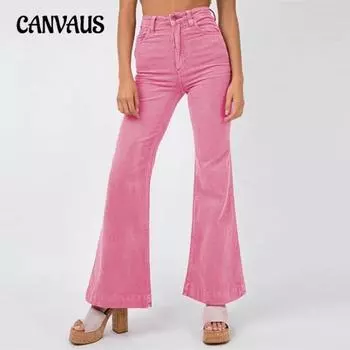 Весенние модные вельветовые расклешенные широкие брюки женские уличные однотонные повседневные брюки S розовый