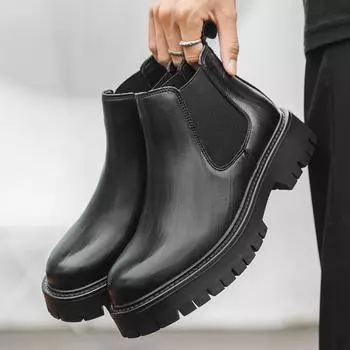 Весенние мужские ботинки Chelsea на толстой подошве, модные кожаные, деловые, формальные, меховые, короткие, роскошные, британские, мотоциклетные ботинки 38 чёрный