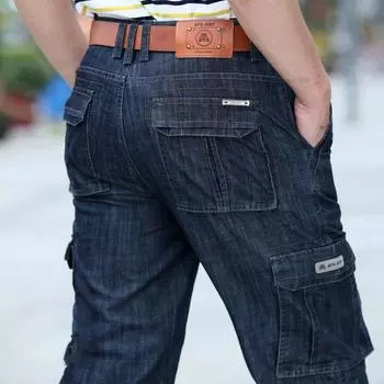 Весенние мужские джинсы, прямые свободные брюки с множеством карманов 29 чёрный