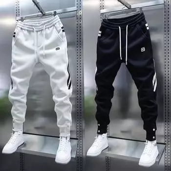 Весенние мужские модные спортивные брюки с вышивкой и манжетами XXXL чёрный