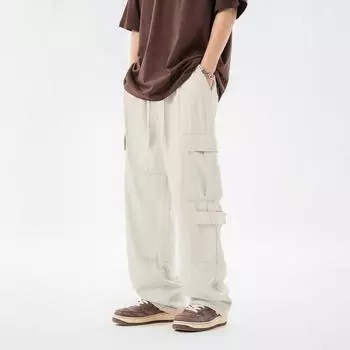 Весенние мужские новые ретро повседневные уличные свободные прямые брюки с шитьем M чёрный