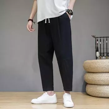 Весенние мужские однотонные свободные брюки из хлопка и льна в китайском стиле с девятью точками, модные повседневные спортивные брюки XXXXXL чёрный