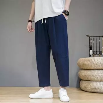 Весенние мужские однотонные свободные брюки из хлопка и льна в китайском стиле с девятью точками, модные повседневные спортивные брюки M бежевый