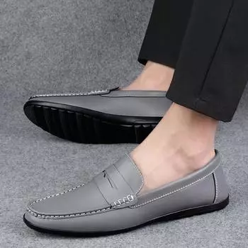 Весенние мужские повседневные кожаные туфли, трендовая корейская версия мужских кроссовок с мягкой подошвой для вождения, модные кожаные туфли большого размера с одной педалью 38 серый