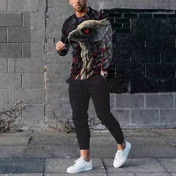 Весенние мужские спортивные костюмы, комплект, футболка с длинным рукавом с 3D принтом, уличная одежда для бега, повседневный мужской спортивный костюм большого размера из двух предметов XL