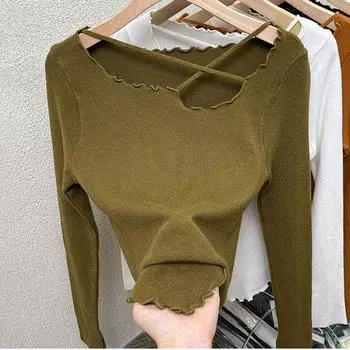 Весенние нерегулярные женские свитера с открытыми плечами и длинными рукавами, трикотажная нижняя рубашка M белый