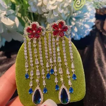 Весенние нежные украшения Цветочные кисточки Циркон Кристалл Длинные серьги Женские Цветные Популярные розовый