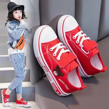Весенние низкие кеды на мягкой подошве, детские повседневные кроссовки, детская дышащая парусиновая обувь для мальчиков и девочек с вышивкой мультфильмов 22 красный