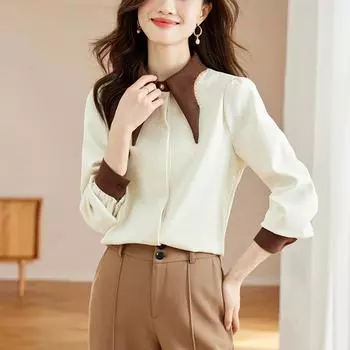 Весенние новинки, новые повседневные женские рубашки с длинным рукавом, топы, шикарные отложные воротники, темпераментные свободные блузки для женщин, модные винтажные облегающие женские блузки 25867 S абрикосовый