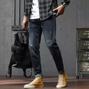 Весенние новые эластичные джинсы, мужские корейские облегающие мужские джинсы, мужские брюки с рваными нашивками 28