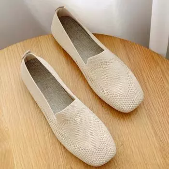 Весенние новые балетки женские трикотажные мокасины с квадратным носком повседневные дышащие туфли на плоской подошве для вождения туфли-лодочки PlusSize 35-42 35 бежевый