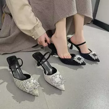 Весенние новые босоножки на высоком каблуке со стразами, заостренный тонкий каблук, босоножки Baotou, женские туфли, черные повседневные женские туфли 34 зелёный