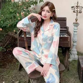 Весенние новые брюки с длинными рукавами, пижама для женщин, комплект домашней одежды Ice Silk World Fireworks M белый