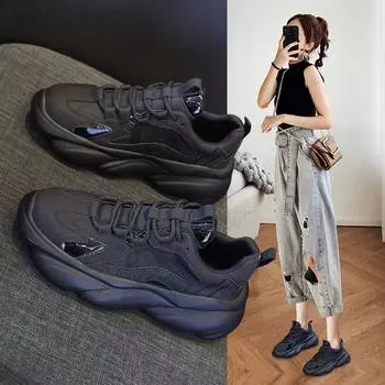 Весенние новые черные туфли для папы на платформе, женские весенние модные универсальные повседневные кроссовки 35 белый