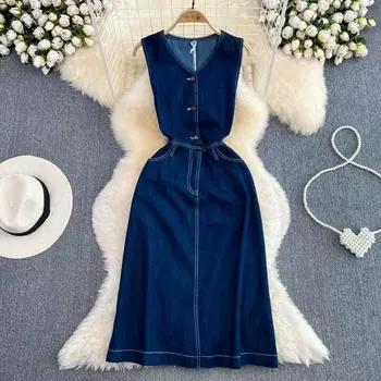 Весенние новые французские модели, старшее чувство Хепберн, ветер, V-образный вырез, тонкая талия, тонкое джинсовое платье без рукавов с надписью S синий