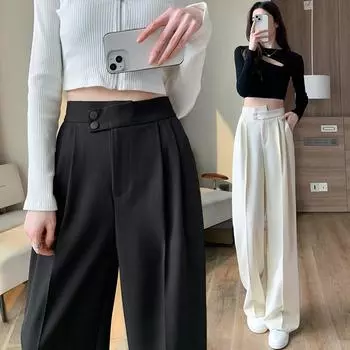 Весенние новые костюмные брюки, широкие брюки, черные прямые брюки с высокой талией, повседневные женские брюки