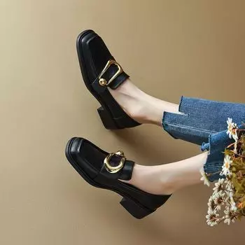 Весенние новые квадратные женские рабочие туфли с металлической пряжкой на каблуке, женские английские кожаные туфли, лоферы на толстом каблуке 35