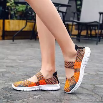 Весенние новые модные дышащие легкие женские туфли, уличные повседневные модные летающие тканые кроссовки для женщин 36 оранжевый