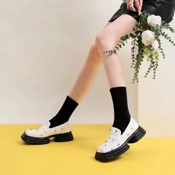 Весенние новые модные туфли с квадратным носком, инкрустированные бриллиантами, женские туфли из натуральной кожи в британском ретро-стиле на толстой подошве, высокие туфли-лоферы 35