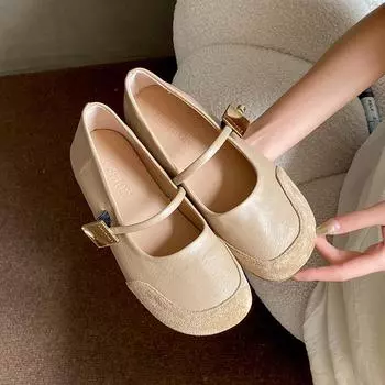 Весенние новые модные женские балетки 2024 года, летние туфли Мэри Джейн на плоской подошве, повседневные туфли с мелкой пряжкой и мягкой подошвой, Zapatos De Mujer 35 бежевый
