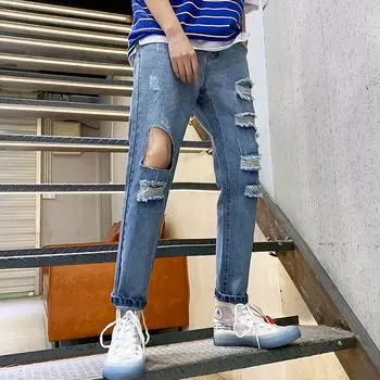 Весенние новые мужские джинсовые укороченные брюки с рваными дырками, мужские корейские свободные свободные прямые брюки, легкие и дышащие мужские брюки для нищих 27
