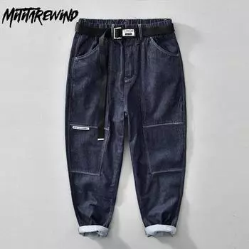 Весенние новые мужские джинсы, корейская мода, повседневные мешковатые джинсовые брюки-карго из чистого хлопка, эластичная талия до щиколотки, мужские брюки с поясом, молодежная уличная одежда XL синий