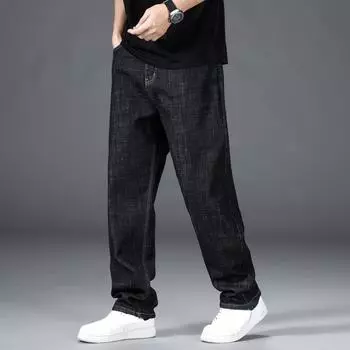 Весенние новые мужские джинсы с высокой талией, свободные брюки среднего возраста, деловые повседневные эластичные прямые брюки, большие ярды 30 чёрный