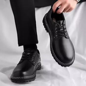 Весенние новые мужские туфли, черные низкие туфли martin, повседневная обувь для инструментов, британская кожаная обувь, кожаные туфли с круглым носком 38 чёрный