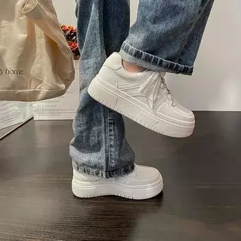 Весенние новые невидимые стельки, увеличивающие рост, круглый носок, белые туфли на шнуровке, туфли на платформе, универсальные низкие повседневные туфли для сноуборда 34 белый