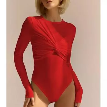 Весенние новые облегающие повседневные комбинезоны с длинным рукавом, женские сексуальные комбинезоны, модные однотонные женские боди с закрученным узлом, элегантные комбинезоны с круглым вырезом 26161 S красный