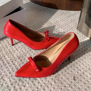 Весенние новые одинарные туфли женские модные заостренные носки с неглубоким ртом и бабочкой-узлом без застежек водонепроницаемые нескользящие туфли на высоком каблуке 35