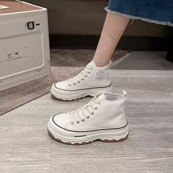 Весенние новые парусиновые туфли для девушек, студенток, высокие белые туфли на платформе, увеличивающие повседневную обувь для досок, универсальные одиночные туфли 35 белый