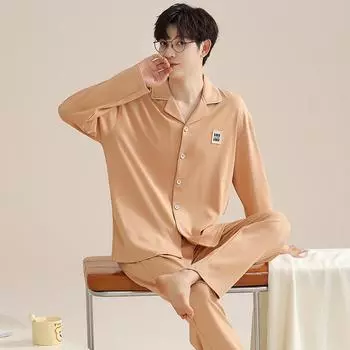 Весенние новые пижамы с длинными рукавами, мужской кардиган, хлопковый простой костюм для отдыха, можно носить свободную домашнюю одежду L синий