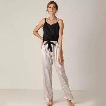 Весенние новые пижамы женские сексуальные полосатые брюки-бретельки свободные ночные рубашки XL чёрный